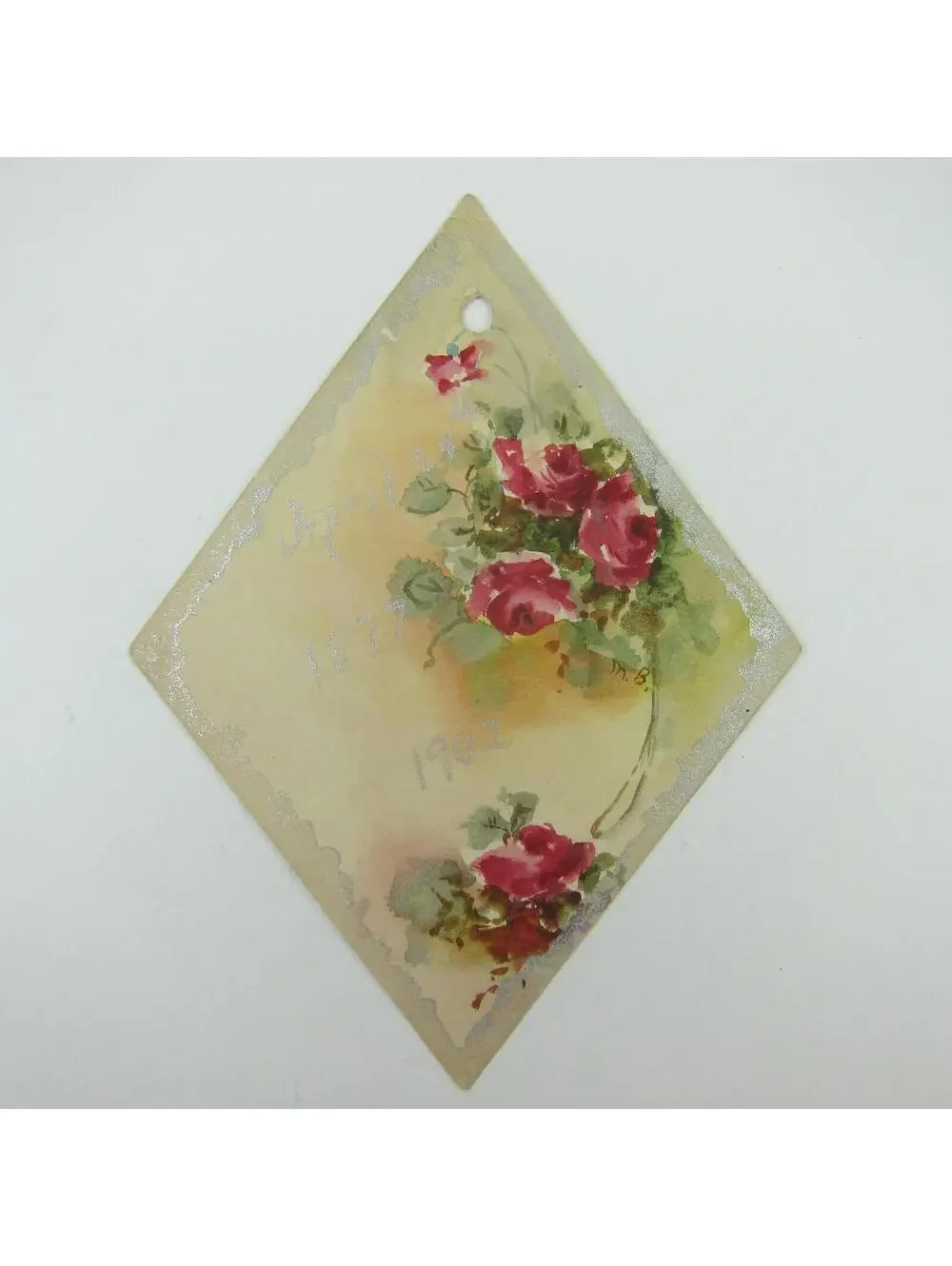 Victorian Card Watercolor Red Roses Flowers Green Leaves Silver Trim Antique